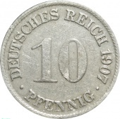 Германия 10 пфеннигов 1907 года D