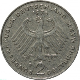 Германия 2 марки 1976 года. D. Конрад Аденауэр, 20 лет Федеративной Республике (1949-1969)