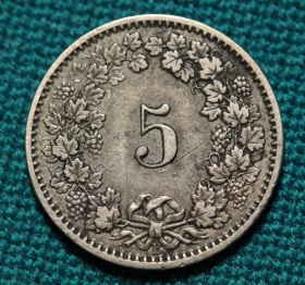 Швейцария 5 раппенов 1874 года В