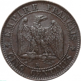 Франция 5 сантимов 1852 года. K. AU