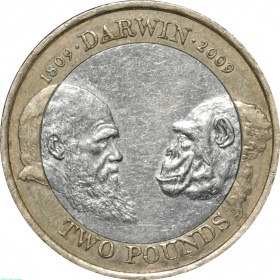 Великобритания (Англия) 2 фунта 2009 года. 200 лет со дня рождения Ч. Дарвина 